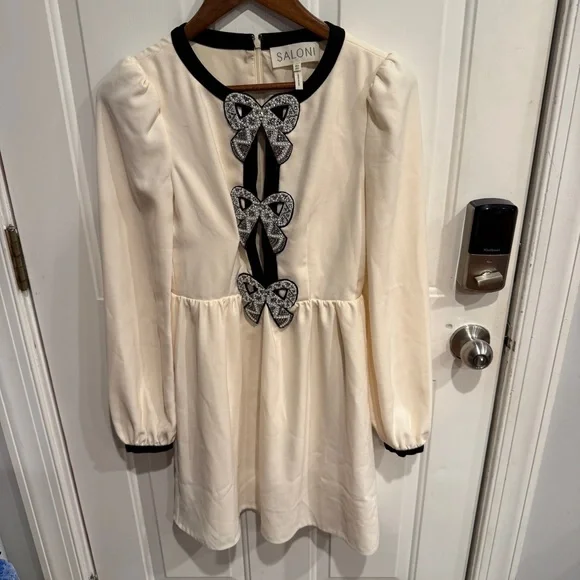 Saloni Camille Bow Embellished Dress Cream Black Bows Holiday Coquette